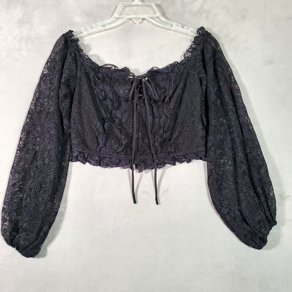 Womens Black Lace Crop Top Corset M Long Balloon Sleeve‎ Romantic Goth Coquette